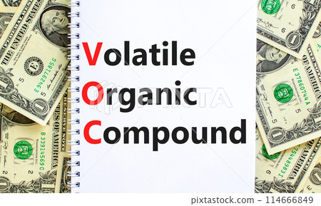 VOC volatile organic compound symbol. Concept words VOC volatile organic compound on beautiful white note. Beautiful dollar bills background. Business VOC volatile organic compound concept. Copy space 114666849