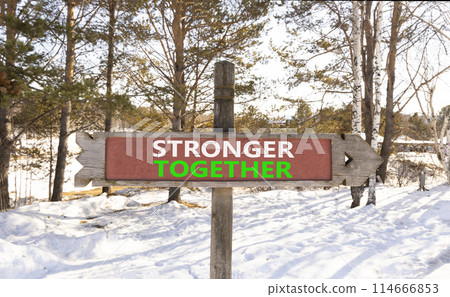 Stronger together symbol. Concept words Stronger together on beautiful wooden road sign. Beautiful forest snow blue sky background. Business, motivational and stronger together concept. 114666853