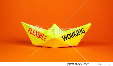 Flexible working symbol. Concept words Flexible working on beautiful yellow paper boat. Beautiful orange paper background. Business flexible working concept. Copy space. 114666855