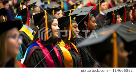 Graduates in Gowns Stand United, Ready to Embark on Their Future Journey 114666882