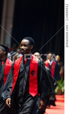 Triumphant Graduates in Distinguished Gowns Walking Across Stage, Capturing Academic Success 114666912