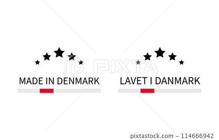 Made in Denmark labels in English and in Danish languages. Quality mark vector icon. Perfect for logo design, tags, badges, stickers, emblem, product package, etc. 114666942