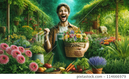joyful gardener in a lush garden, surrounded by a variety of vibrant plants and flowers 114666979