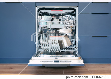 Dishwasher in modern blue kitchen 114667130