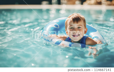 Happy kid boy swim and dive underwater, kid with fun in pool. Active healthy lifestyle, water sport activity and swimming on summer vacation with child. 114667141