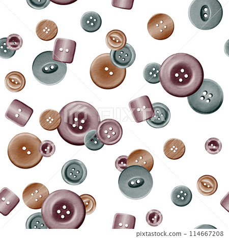 Buttons of different sizes, shapes and materials in seamless pattern in digital watercolor technique on white background.Can be used in stickers, textiles, scrapbooking and wrapping paper. Buttons of different sizes, shapes and materials in seamless pattern in digital watercolor technique on white background.Can be used in stickers, textiles, scrapbooking and wrapping paper. 114667208