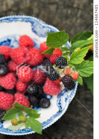 Raspberries and wild blackberries on a vintage plate 114667485