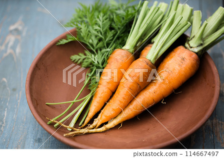 Young juicy carrot with green leaves Young juicy carrot with green leaves 114667497