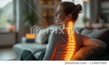 Selective focus of A woman with back pain is sitting on the sofa in the living room. 114667808