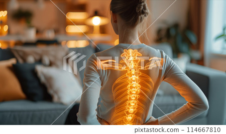 Selective focus of A woman with back pain is sitting on the sofa in the living room. 114667810
