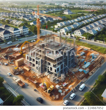 Construction of a high-rise building in the city. Created with the help of AI Construction of a high-rise building in the city. Created with the help of AI 114667852