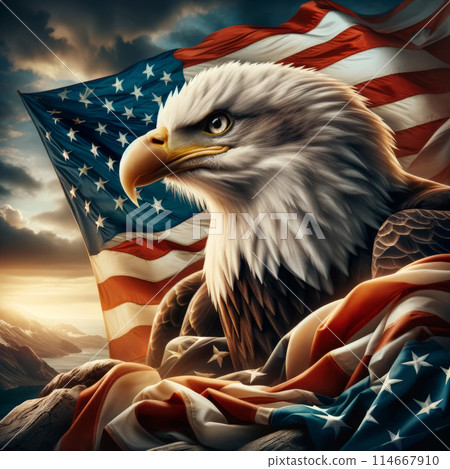 Eagle stern expression, backdrop of American flag, symbolizes patriotism, strength, spirit US 114667910