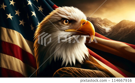 Eagle stern expression, backdrop of American flag, symbolizes patriotism, strength, spirit US 114667916