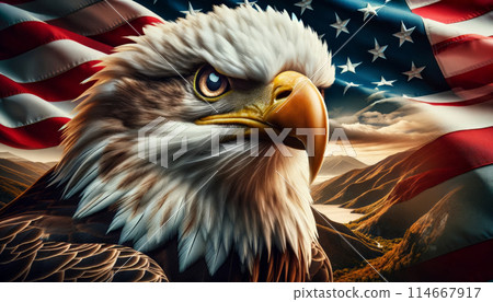 Eagle stern expression, backdrop of American flag, symbolizes patriotism, strength, spirit US 114667917