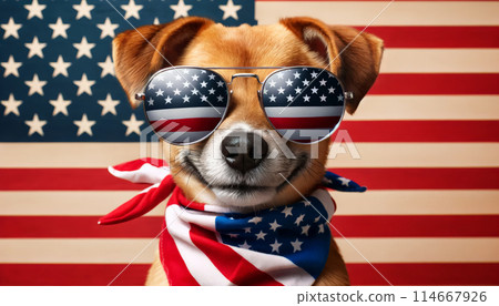 Dog American flag themed sunglasses, sitting front American flag backdrop, patriotism, fun 114667926