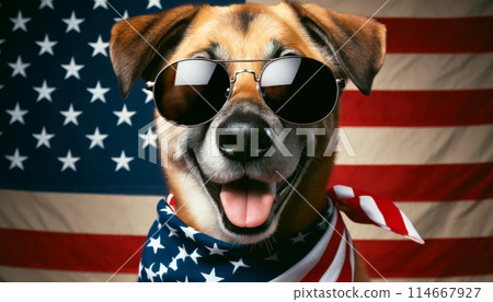 Dog wearing American flag themed sunglasses, sitting front American flag backdrop, patriotism, fun 114667927