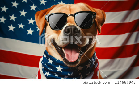 Dog wearing American flag themed sunglasses, sitting front American flag backdrop, patriotism, fun Dog wearing American flag themed sunglasses, sitting front American flag backdrop, patriotism, fun 114667943