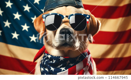 Dog American flag themed sunglasses, sitting front American flag backdrop, patriotism, fun 114667945