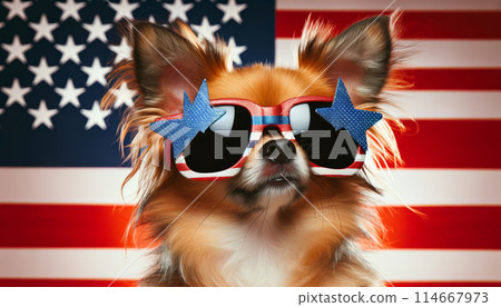 Dog wearing American flag themed sunglasses, sitting front American flag backdrop, patriotism, fun Dog wearing American flag themed sunglasses, sitting front American flag backdrop, patriotism, fun 114667973
