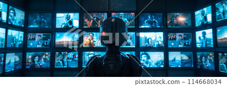 A robot stands in front of multiple CCTV camera displays, a futuristic atmosphere filled with technology. 114668034