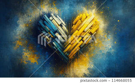 Abstract, artistic heart created with blue yellow paint strokes, set against textured background 114668055