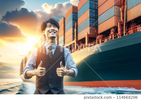 business woman standing near container ship business woman standing near container ship 114668206