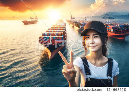 composite image of smiling asian woman with arms crossed 114668238