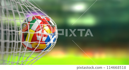 Football ball with flags of european countries in the net of goal of football stadium. Europe championship 2024. Football ball with flags of european countries in the net of goal of football stadium. Europe championship 2024. 114668518