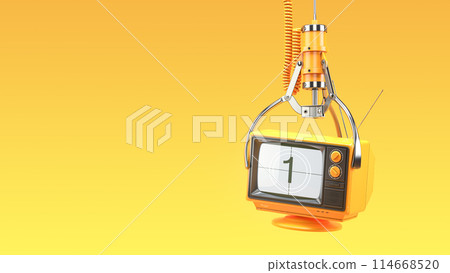 Claw machine grabs vintage tv. Tv channel choice concept. Claw machine grabs vintage tv. Tv channel choice concept. 114668520