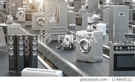 Household appliance and home kitchen technics on conveyor roller belt. 114668522