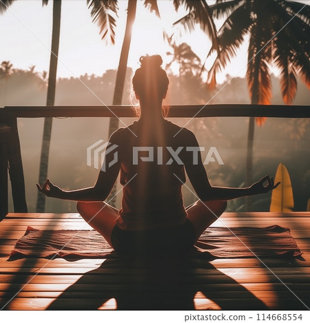 Silhouette of a woman meditating on a deck at sunrise with a surfboard nearby Silhouette of a woman meditating on a deck at sunrise with a surfboard nearby 114668554