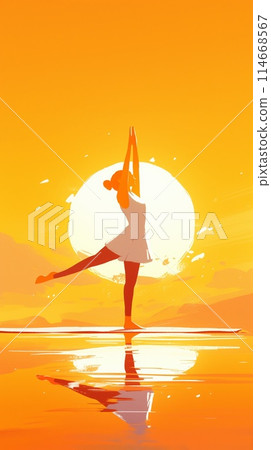 Woman performing yoga against the backdrop of a bright sun and reflective waters at sunrise 114668567
