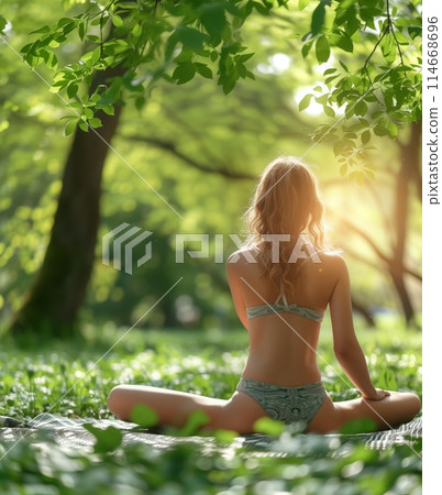 Young woman meditates in serene forest clearing at sunrise 114668696