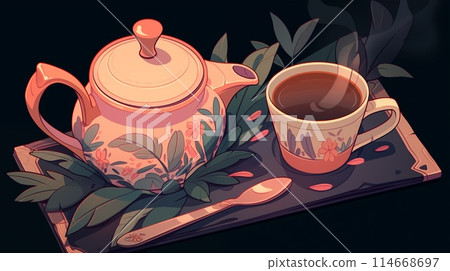 A teapot and cup with a floral pattern, steam rising, on a tray with leaves, dark background 114668697