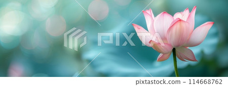 Pink and white lotus flower side view, with soft focus on the lush green leaves in the background and light spots creating a bokeh effect 114668762