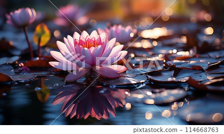 Pink lotus flower in full bloom, reflected in the water at dusk, with a soft glow of light on its petals, close-up 114668763