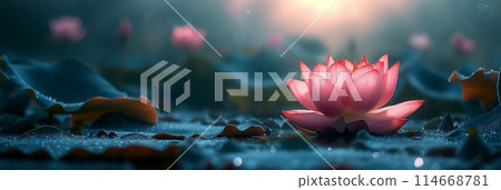 Row of white lotus flowers in full bloom and buds, with green leaves at the bottom 114668781