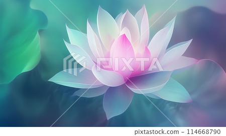 Row of white lotus flowers in full bloom and buds, with green leaves at the bottom 114668790