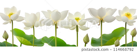 Row of white lotus flowers in full bloom and buds, with green leaves at the bottom 114668792