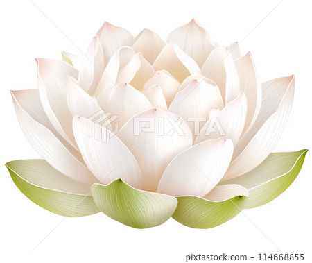 Row of white lotus flowers in full bloom and buds, with green leaves at the bottom 114668855