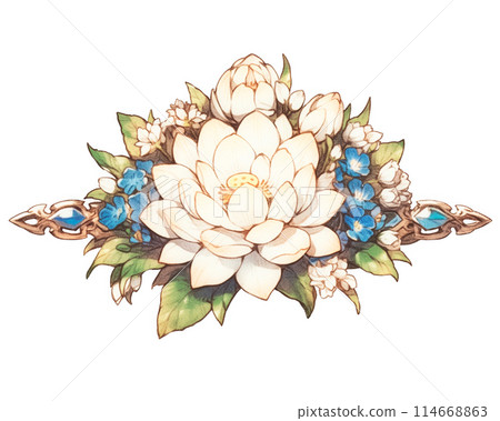 Row of white lotus flowers in full bloom and buds, with green leaves at the bottom 114668863