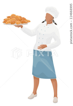 women African American character baker in uniform holding a plate with fresh croissants 114668995