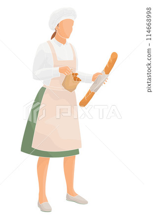 women baker in uniform holding paper bag with fresh croissants and baguette bread female character women baker in uniform holding paper bag with fresh croissants and baguette bread female character 114668998