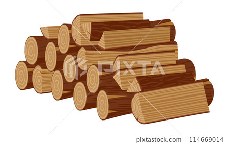 Firewood stacked in pile. Chopped wooden logs, wooden bonfire logs flat vector illustration. Cartoon firewood pile on white 114669014