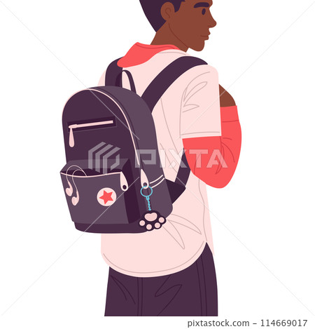 Guy wearing school bag. Male student with backpack, boy carrying backpack back view flat vector illustration. Cartoon high school student with backpack view from back Guy wearing school bag. Male student with backpack, boy carrying backpack back view flat vector illustration. Cartoon high school student with backpack view from back 114669017