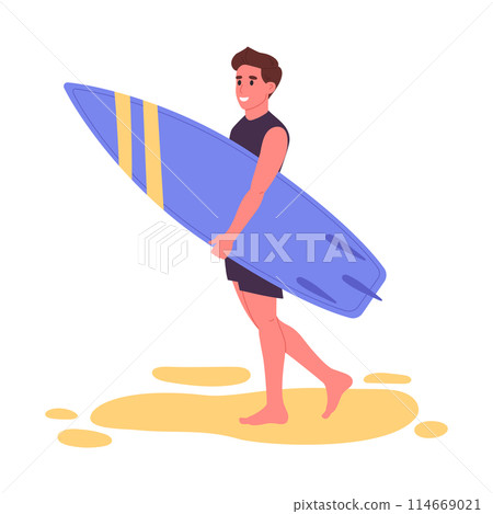 Man carrying on surf board. Guy with surf board on beach, water sport and recreation flat vector illustration. Cartoon male character doing extreme sport Man carrying on surf board. Guy with surf board on beach, water sport and recreation flat vector illustration. Cartoon male character doing extreme sport 114669021