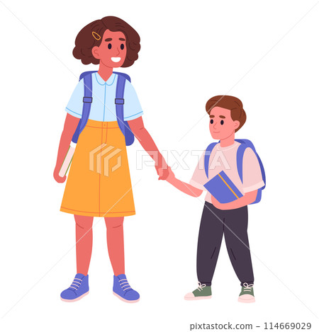 School students. Primary and middle school students, sister with her little brother going to school flat vector illustration. School kids on white School students. Primary and middle school students, sister with her little brother going to school flat vector illustration. School kids on white 114669029