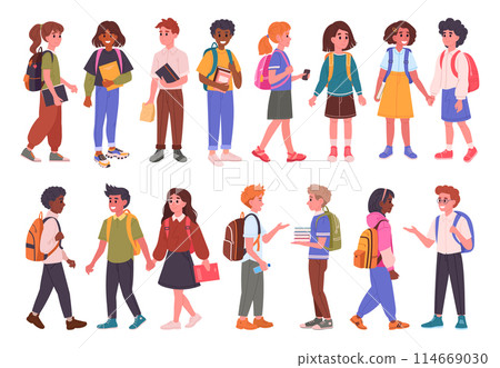 Secondary school students. Happy kids going to school, male and female school pupils with backpacks flat vector illustration set. Middle school students 114669030