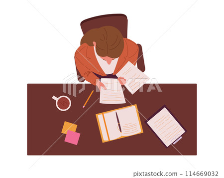 Teacher top view. School or college teacher sitting at desk in classroom view from above flat vector illustration. Teacher in classroom top view 114669032