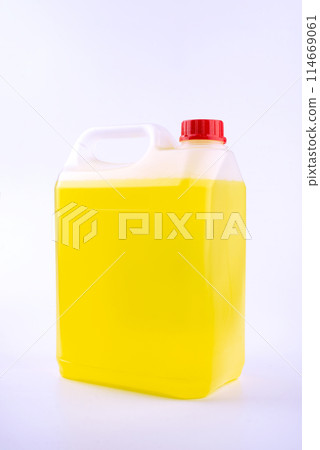 Plastic canister with pen and red cap, yellow liquid, mock up object, isolated on white background. 114669061